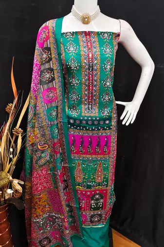 Women's turquoise silk chiffon printed unstitched dress material