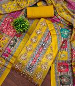 Women's yellow silk chiffon printed unstitched dress material