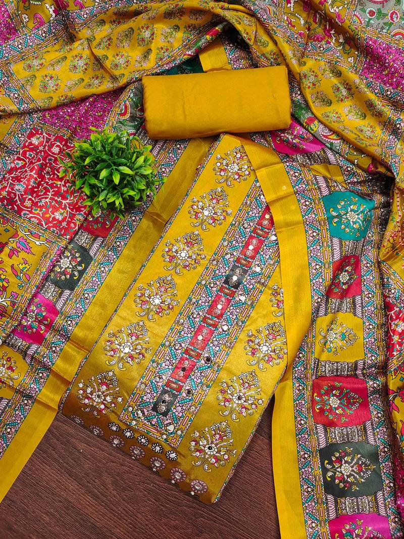 Women's yellow silk chiffon printed unstitched dress material