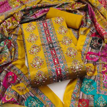 Women's yellow silk chiffon printed unstitched dress material 2