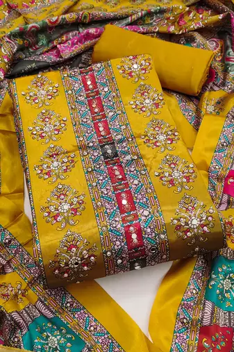 Women's yellow silk chiffon printed unstitched dress material