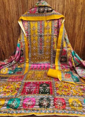 Women's yellow silk chiffon printed unstitched dress material 3