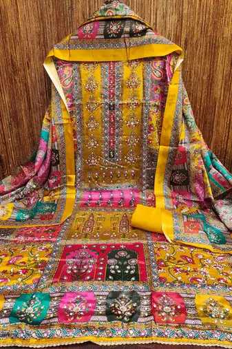 Women's yellow silk chiffon printed unstitched dress material