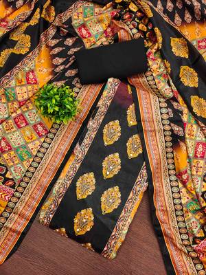 Women's black silk chiffon printed unstitched dress material 1