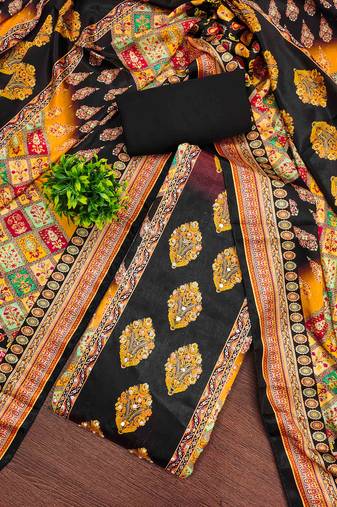 Women's black silk chiffon printed unstitched dress material