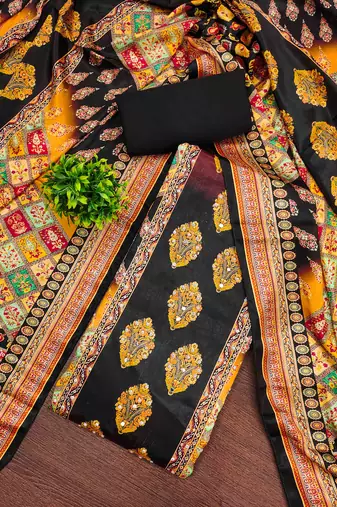 Women's black silk chiffon printed unstitched dress material