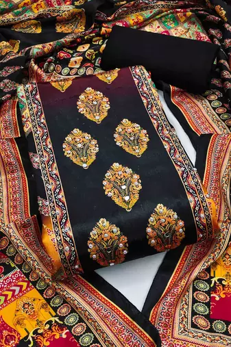 Women's black silk chiffon printed unstitched dress material