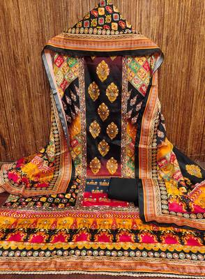 Women's black silk chiffon printed unstitched dress material 3