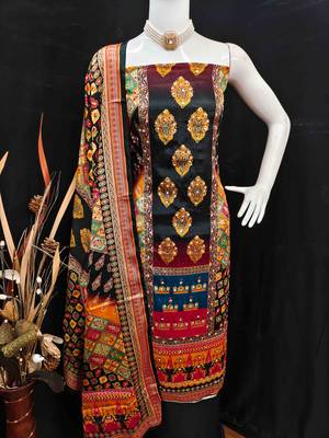 Women's black silk chiffon printed unstitched dress material 4