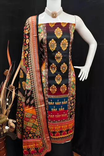 Women's black silk chiffon printed unstitched dress material
