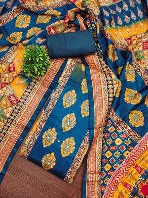 Women's blue silk chiffon printed unstitched dress material 1