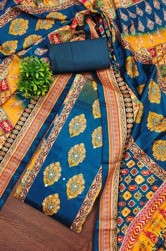 Women's blue silk chiffon printed unstitched dress material