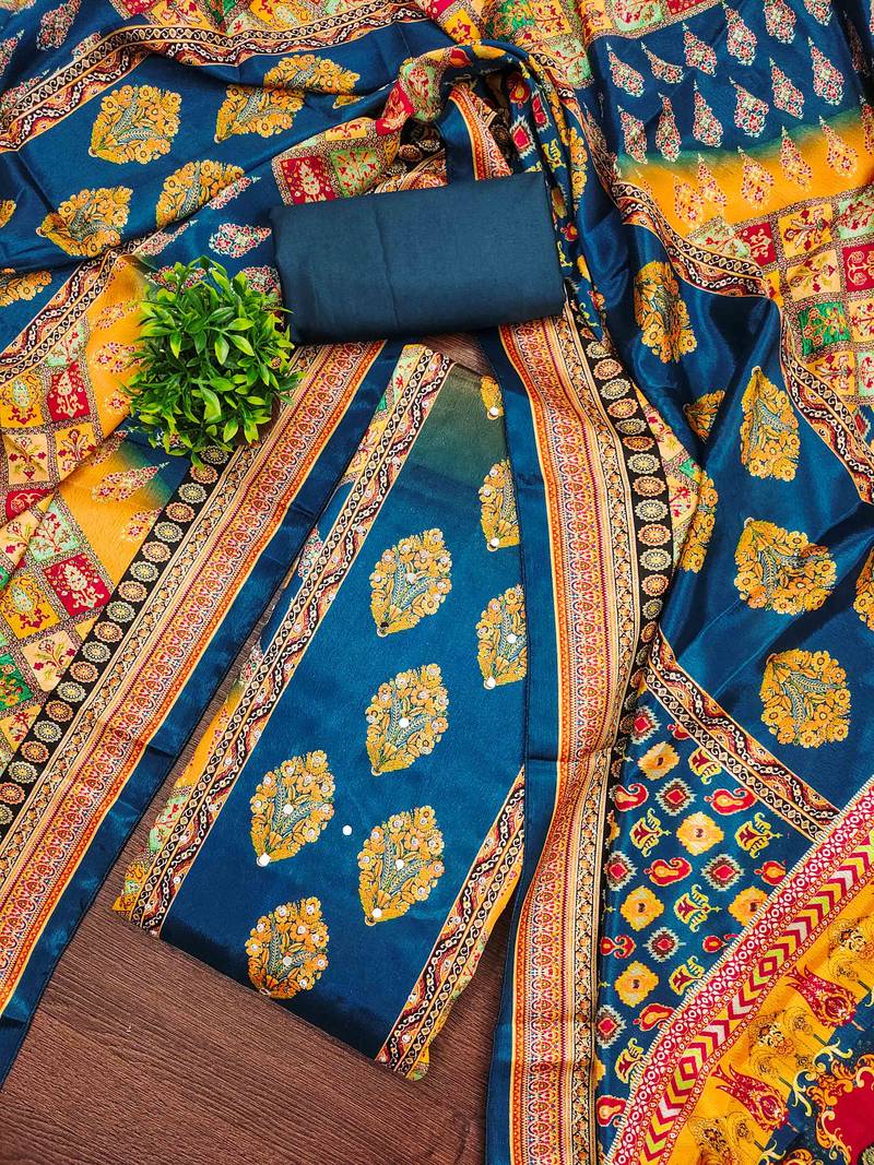 Women's blue silk chiffon printed unstitched dress material