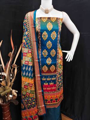 Women's blue silk chiffon printed unstitched dress material 4