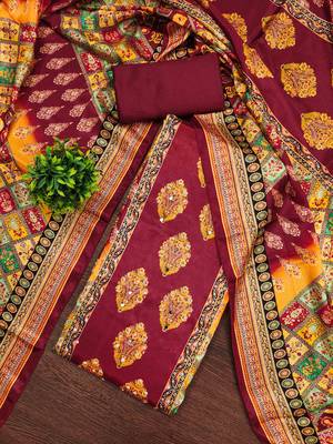 Women's maroon silk chiffon printed unstitched dress material 1