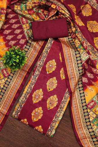 Women's maroon silk chiffon printed unstitched dress material