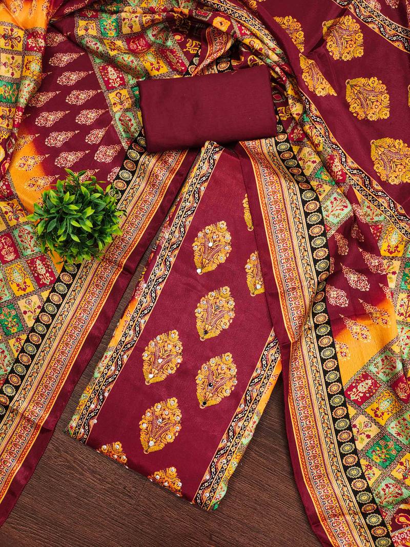 Women's maroon silk chiffon printed unstitched dress material
