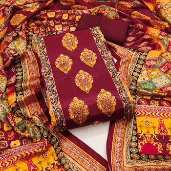 Women's maroon silk chiffon printed unstitched dress material 2