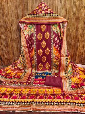Women's maroon silk chiffon printed unstitched dress material 3