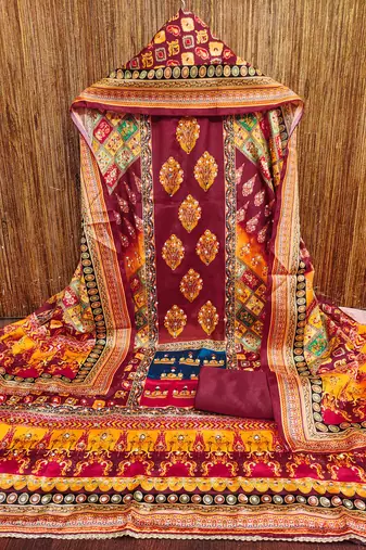 Women's maroon silk chiffon printed unstitched dress material