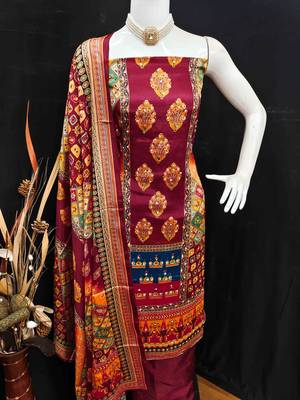 Women's maroon silk chiffon printed unstitched dress material 4