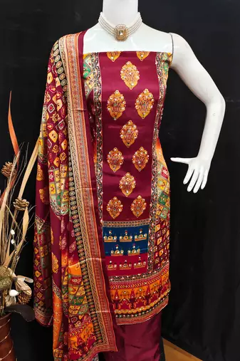 Women's maroon silk chiffon printed unstitched dress material