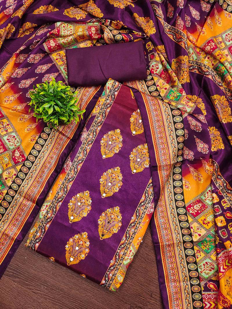 Women's wine silk chiffon printed unstitched dress material