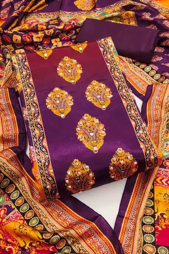 Women's wine silk chiffon printed unstitched dress material
