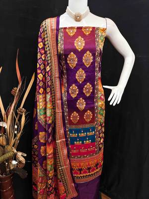 Women's wine silk chiffon printed unstitched dress material 4