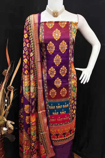 Women's wine silk chiffon printed unstitched dress material