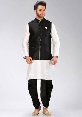 White dupon art silk kurta, jacket with matching dhoti 1