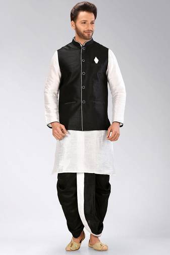 White dupon art silk kurta, jacket with matching dhoti