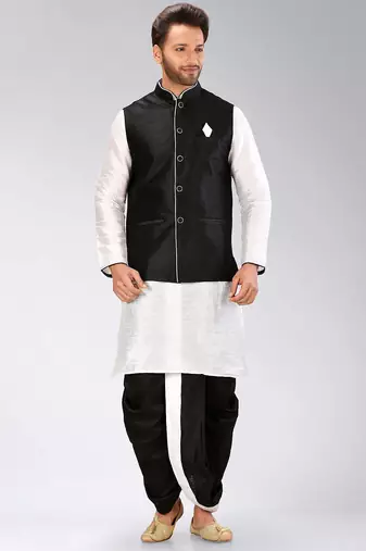 White dupon art silk kurta, jacket with matching dhoti