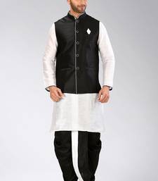 White dupon art silk kurta, jacket with matching dhoti