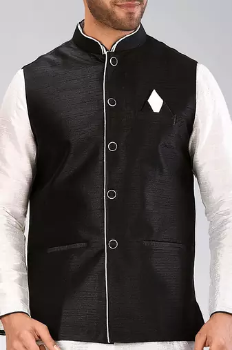 White dupon art silk kurta, jacket with matching dhoti