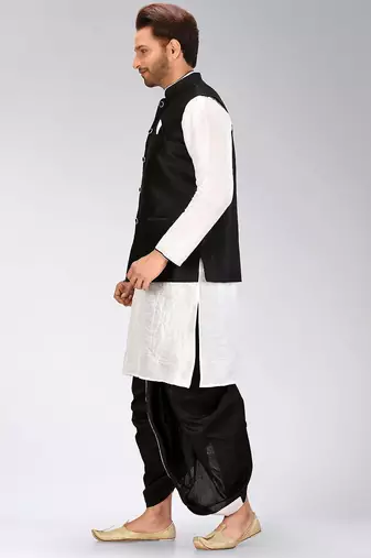 White dupon art silk kurta, jacket with matching dhoti