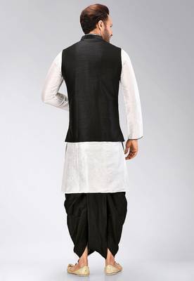 White dupon art silk kurta, jacket with matching dhoti 4