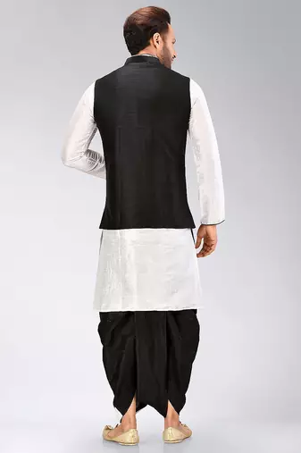 White dupon art silk kurta, jacket with matching dhoti