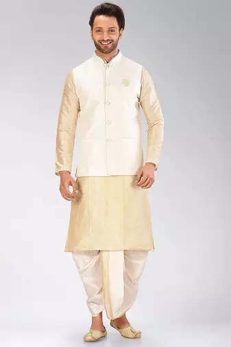 Fawn dupon art silk kurta, jacket with matching dhoti