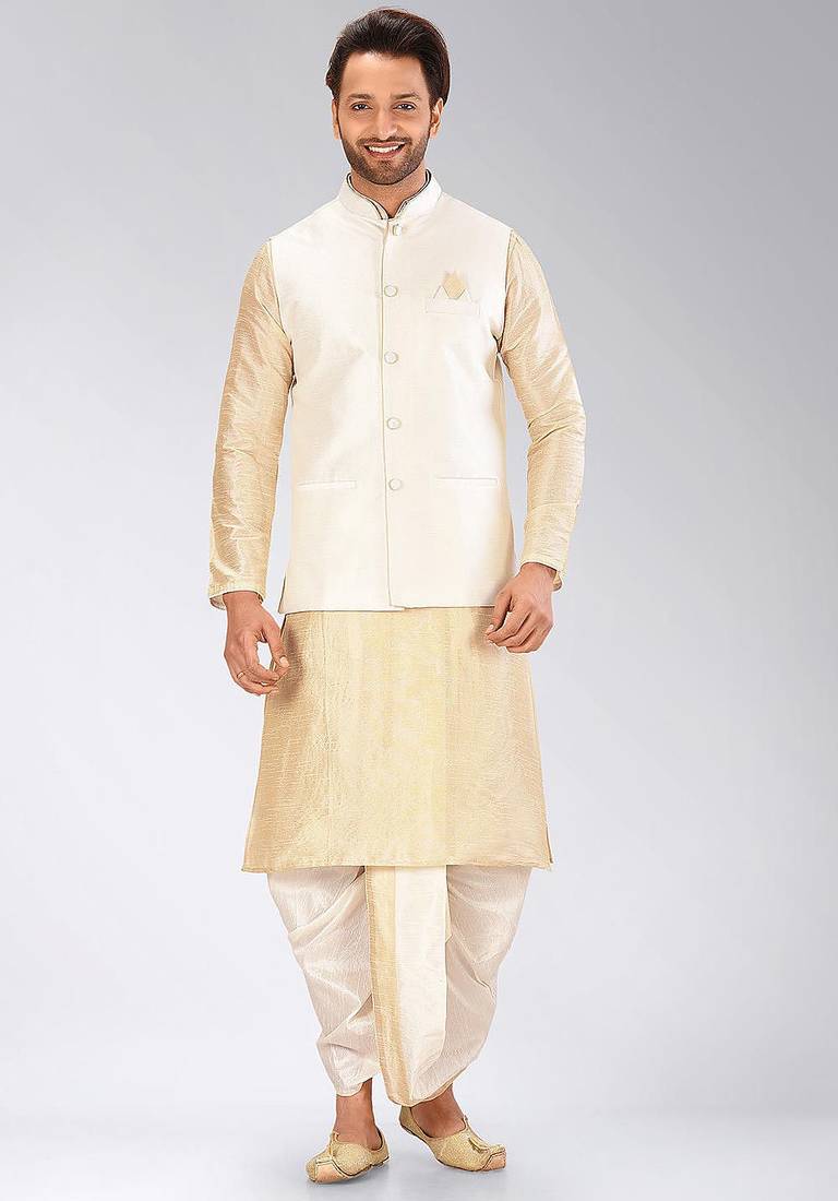 Fawn dupon art silk kurta, jacket with matching dhoti