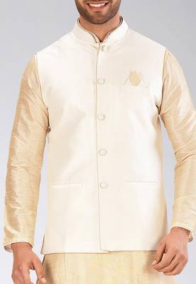 Fawn dupon art silk kurta, jacket with matching dhoti 2