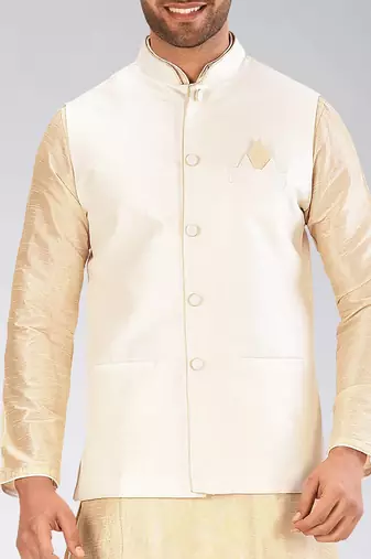 Fawn dupon art silk kurta, jacket with matching dhoti