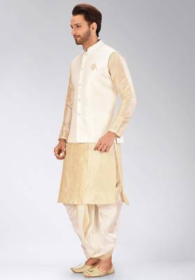 Fawn dupon art silk kurta, jacket with matching dhoti 3