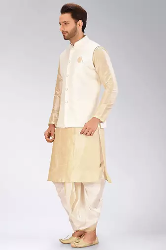 Fawn dupon art silk kurta, jacket with matching dhoti