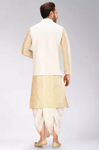 Fawn dupon art silk kurta, jacket with matching dhoti