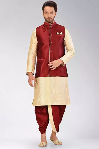 Fawn dupon art silk kurta, jacket with matching dhoti