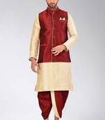 Fawn dupon art silk kurta, jacket with matching dhoti