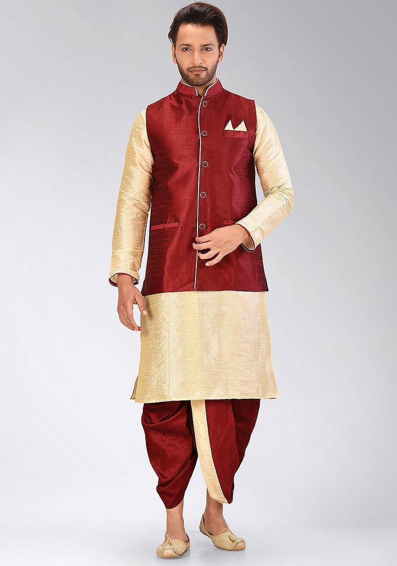 Fawn dupon art silk kurta, jacket with matching dhoti