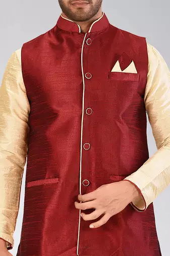 Fawn dupon art silk kurta, jacket with matching dhoti