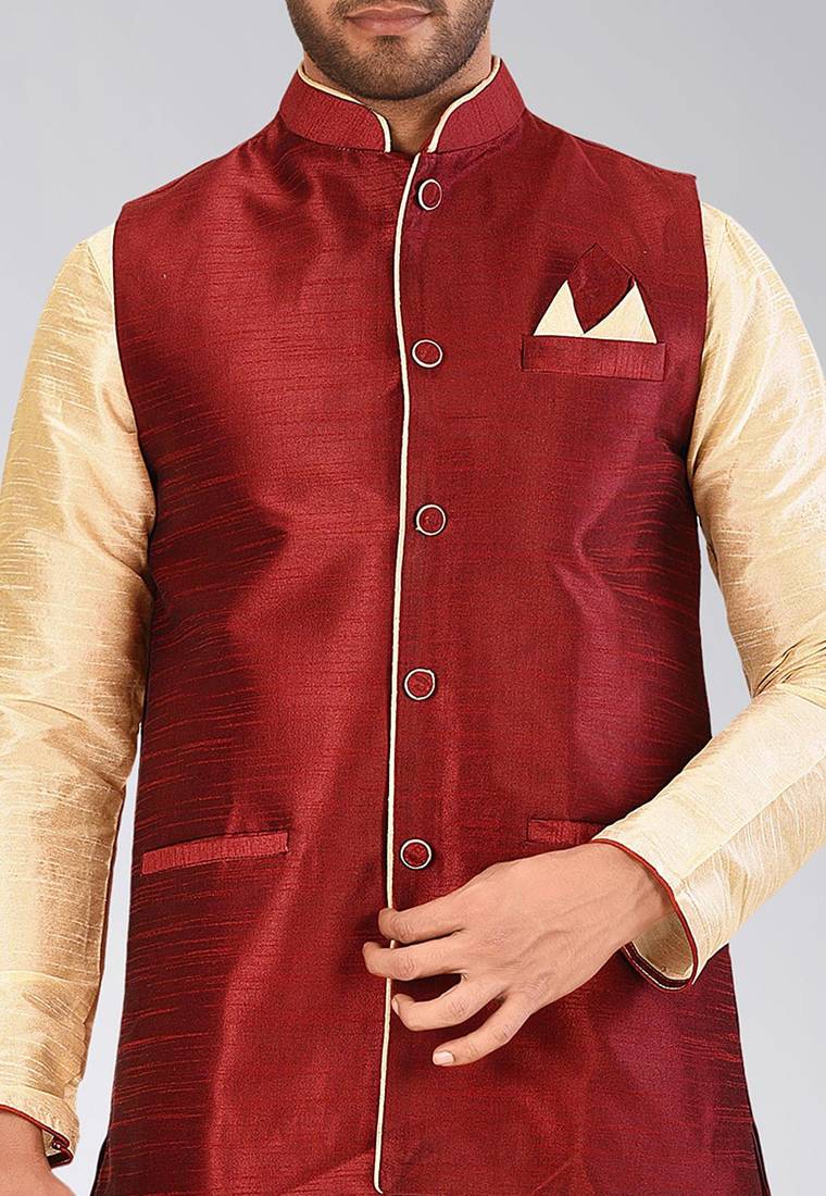 Fawn dupon art silk kurta, jacket with matching dhoti